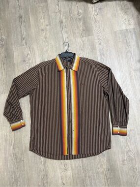 Vintage XL Men’s Rocawear Brown Striped Shirt with Colorful Accents